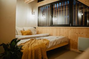 sypialnia z 2 łóżkami i 2 oknami w obiekcie VagusBouda / Hogo& w mieście Loučná nad Desnou
