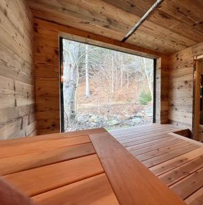 a room with a large window in a wooden cabin at VagusBouda / Hogo& in Loučná nad Desnou