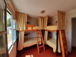 two bunk beds in a room with a window at Hostel House 64Bigüa in El Calafate
