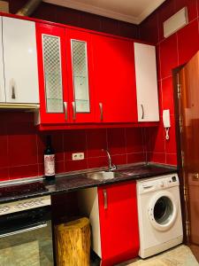 cocina roja con fregadero y lavadora en Piso san Marcos madrid, en Madrid