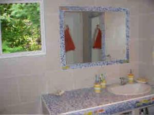 ein Bad mit einem Waschbecken und einem Spiegel in der Unterkunft The Palms - Caribbean Paradise in Playa Aguadulce