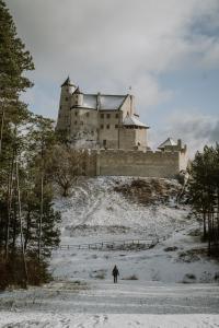 Un uomo in piedi sulla neve davanti a un castello di Śliwkowy Sad a Mirów