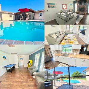uma colagem de fotos de uma casa com piscina em Dream Vacation Home w Heated Pool Close to Beaches Clearwater St Pete Sleeps 14 em Seminole