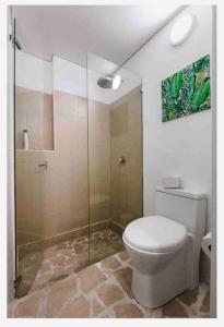 y baño con aseo y ducha acristalada. en Confortable apartamento con la perfecta ubicación!, en Bogotá