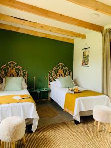 een slaapkamer met 2 bedden en een groene muur bij Cabaña Romántica in Cunco