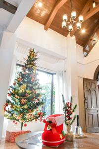 ein Weihnachtsbaum in einem Zimmer mit einem Tisch in der Unterkunft El Castillo Bed and Breakfast in Angono