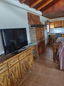 una sala de estar con una gran TV de pantalla plana en un armario de madera en FREEDOM Iris en Río Gallegos