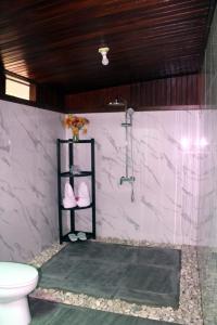 a bathroom with a shower and a toilet at Amoryg Resort and Dive Raja Ampat in Pulau Mansuar
