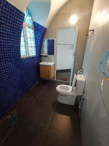 a blue tiled bathroom with a toilet and a sink at Monkey Mier LOT 2028 in Kampong Alor Gajah