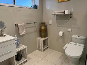 un bagno con servizi igienici e un vaso su una mensola di White House a Bicheno