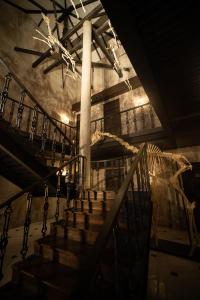 a staircase in a museum with a skeleton of a dinosaur at Baan Tuk Din Hotel in Bangkok