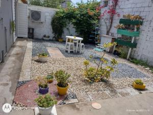 een tuin met potplanten en een tafel en een gebouw bij Mi Loft in Tandil