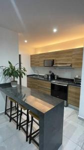 a kitchen with a table with a potted plant at Cancun Lucky & Friendly Condo in Cancún