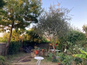 un jardín con una mesa y algunas plantas y árboles en La maison sur la falaise en Nantes