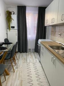 アルバ・ユリアにあるGarsoniera Mariaのテーブルと冷蔵庫のあるキッチンとダイニングルーム +8枚の写真