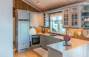 cocina con armarios blancos y techo de madera en Stunning Home In Sjusjen With House A Mountain View en Sjusjøen