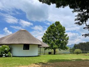 een hut met een rieten dak en een boom bij Dieu Donne Cottage in Underberg