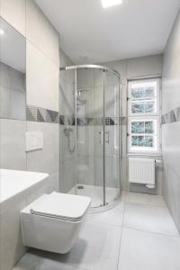 uma casa de banho branca com um chuveiro e um WC. em Labská 1912 - Apartmány Špindlerův Mlýn em Spindleruv Mlyn