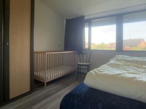 een slaapkamer met een bed, een wieg en een raam bij Wijk de Brabander 58 in Cadzand