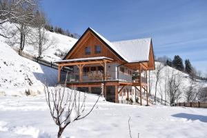 ein Blockhaus im Schnee mit einem Baum in der Unterkunft Ferienhaus Schleinzer in Prebl