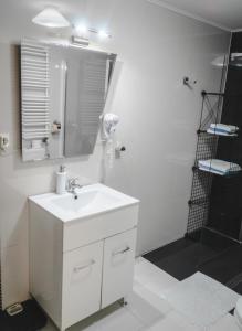 La salle de bains blanche est pourvue d'un lavabo et d'un miroir. dans l'établissement Vila Carolina Apulum, à Alba Iulia