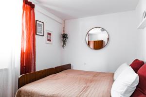 a bedroom with a bed and a mirror on the wall at Holiday House Smilja in Ogulin