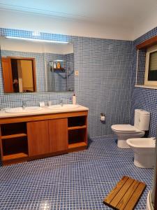 een badkamer met een wastafel, een toilet en een spiegel bij GEMA Village in Coimbra