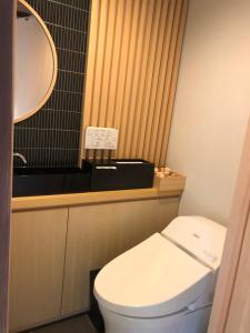 a bathroom with a white toilet and a mirror at Katsuemon in Gose