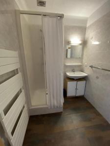 a bathroom with a shower and a sink at Appartements avec draps inclus dans le tarif in Lanslebourg-Mont-Cenis