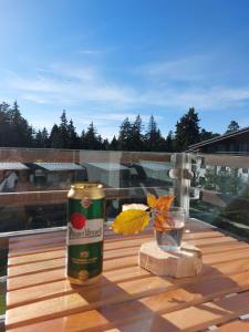 a can sitting on top of a table on a deck at Residence E205 Euphoria Borovets in Borovets