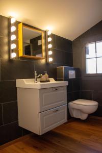 a bathroom with a sink and a toilet and a mirror at Uncle Eric's Chalet in Matten