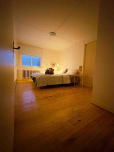 1 dormitorio con 1 cama y suelo de madera en Fantastisch familiehuis met sauna aan het water en Föllinge