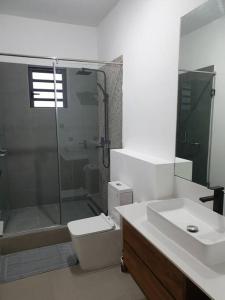 uma casa de banho com um chuveiro, um WC e um lavatório. em Penthouse vue sur mer 200m2 em Pereybere