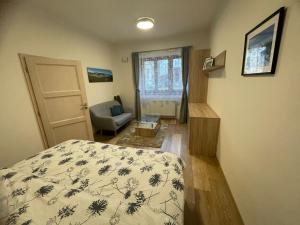 a bedroom with a bed and a chair and a window at Rocky Apartment in Rokytnice nad Jizerou