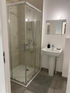 La salle de bains est pourvue d'une douche en verre et d'un lavabo. dans l'établissement @Coloc Gîtes urbains, à Nantes