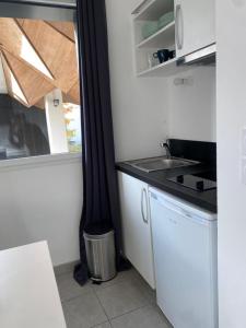 une cuisine avec un comptoir, un évier et une fenêtre dans l'établissement @Coloc Gîtes urbains, à Nantes