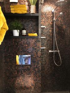 uma casa de banho com um chuveiro e uma parede em azulejo em Un nid à Saint Tropez em Saint-Tropez