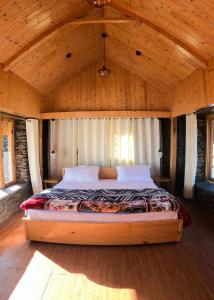 Ce lit se trouve dans un dortoir doté d'un plafond en bois. dans l'établissement Griffons Cafe and Stay, à Dharamshala