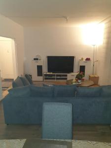 a living room with a blue couch and a flat screen tv at LOVE Appartement partagé avec le proprietaire in Saint-Louis