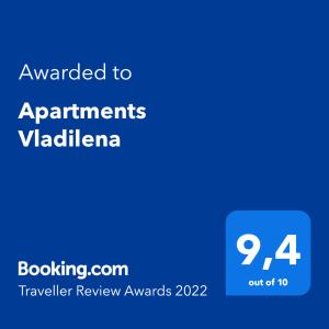 Certifikát, hodnocení, plakát nebo jiný dokument vystavený v ubytování Apartments Vladilena