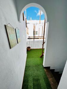 un pasillo con un suelo verde y un arco en El jardin de Iris, en Santa Cruz de Tenerife