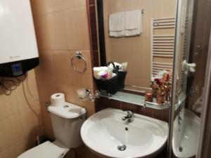 uma casa de banho com um lavatório, um WC e um espelho. em Студио 836 em Bansko