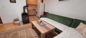 ein Wohnzimmer mit einer grünen Couch und einem Kamin in der Unterkunft Vikendica Jovanovic in Foča