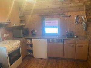 a kitchen with a white refrigerator and a sink at Fischer Hütte in Sankt Andreasberg +9 photos