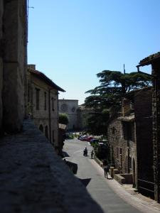 a view of a street with buildings and a tree at B&B A Casa Tua in Assisi