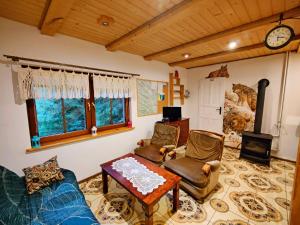 a living room with a couch and chairs and a stove at Chatka Pod Trohańcem in Lutowiska