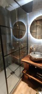 een badkamer met een wastafel en een glazen douche bij Le Cosy in Gérardmer