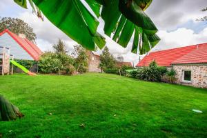 een groene tuin met huizen en een frisbee bij Gîte des Zèbres Aventuriers... in L'Etang-Bertrand