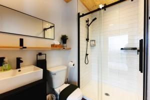 uma casa de banho com um chuveiro, um WC e um lavatório. em Le Zéphyr - Domaine Maelstrom em Lac-Beauport