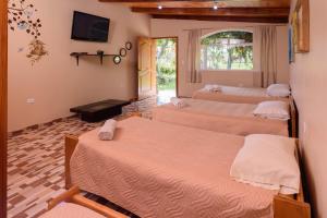 Cette chambre comprend 4 lits et une fenêtre. dans l'établissement Casa Elalu, à Quito